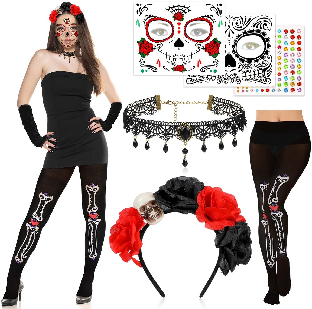 JHUBERS- Hoofdband Dag van de Doden - Halloween Accessoires - Doodskop Hoofdband - Kunstbloemen - Kousen - Halsketting met Edelstenen - Kostuumaccessoires