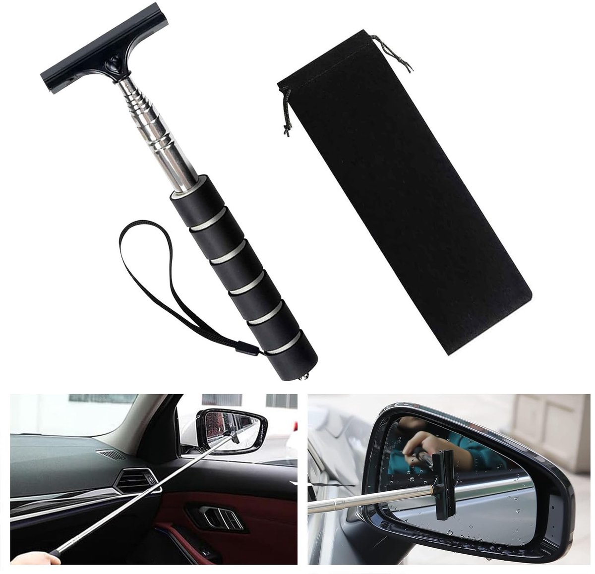 Dailygoods- Ruitenwisser Compact - Telescopische Spiegelwisser - Draagbare Raamtrekker - Inclusief Opbergtas - Hoogwaardig Rubber/Roestvrij Staal - Ideaal voor Auto Accessoires