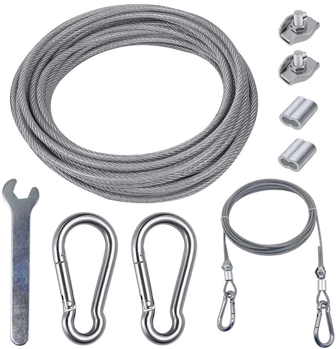 JHUBERS- Roestvrijstalen Kabel 5 Meter - Kabelset - Karabijnhaak M6 - Draadkabelklem M3 - PVC-coating - Flexibel en duurzaam - Staalkabel