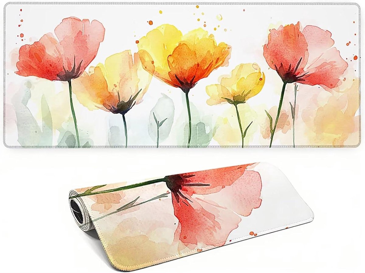 Bureauonderlegger - XXL Muismat - Werk en Gaming - Waterafstotend Oppervlak - 120 x 60 cm - Wit met Bloem