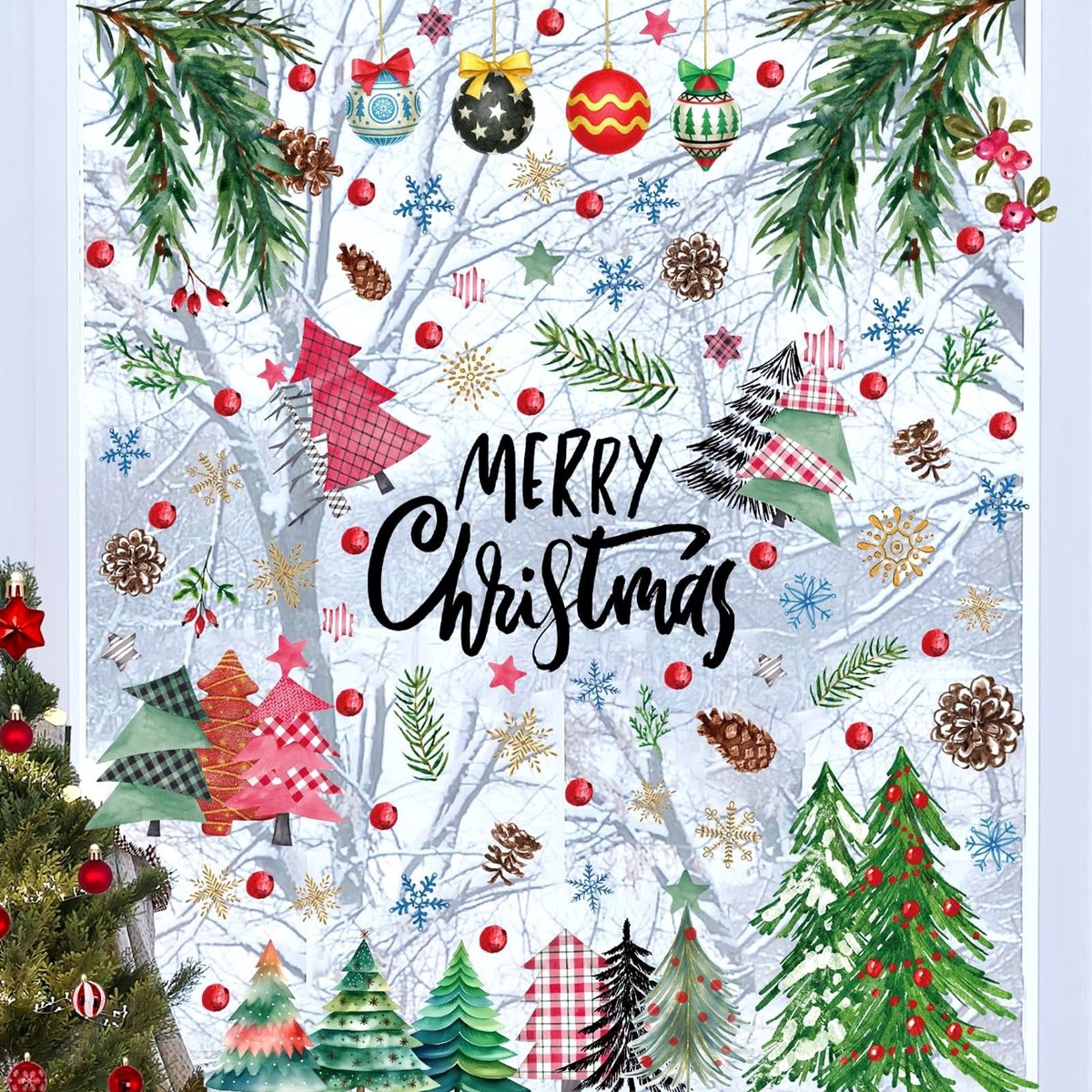 Dailygoods- Kerstraamstickers 9 vellen - Kerstdecoratie - Kerstboom/Sneeuwvlokken - Raamdecoratie zonder boren - Veelkleurig - PVC materiaal - Geschikt voor Kerst/Nieuwjaar