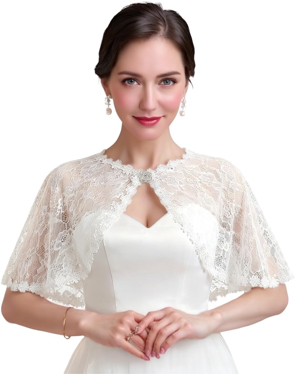 Dailygoods- Bolero met franjes - Elegante Kanten Sjaal - Bruidsmeisje - Witte Cape - Verstelbare Bloemenknoopsluiting - 33 cm lengte