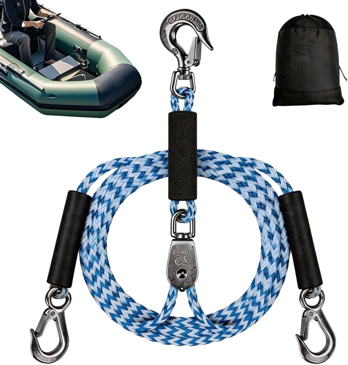 Boot Sleepkabel - Watersport Touw - Watersport Activiteiten - 360 Draaibare Katrol - 2.4 Meter - Blauw Wit