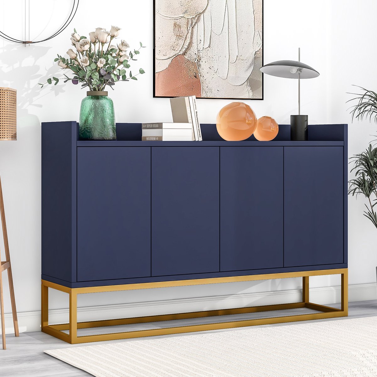 REDOM - Sideboard - Grifloos ontwerp - 4 deuren met opbergruimte - Verstelbare planken - Moderne stijl - Woonkamer, keuken of hal - Spaanplaat en MDF - Marineblauw - 120 x 30 x 80 cm