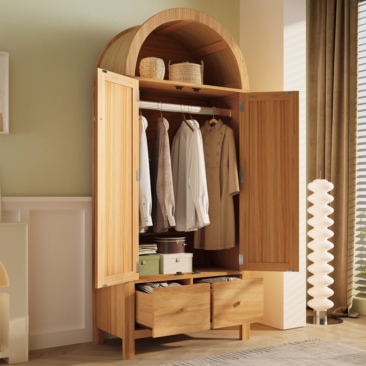 Kledingkast 181x78x45 cm - met rieten vlechtwerk - halfopen ronde planken - 2 deuren met magnetische sluiting - 2 lades - eik
