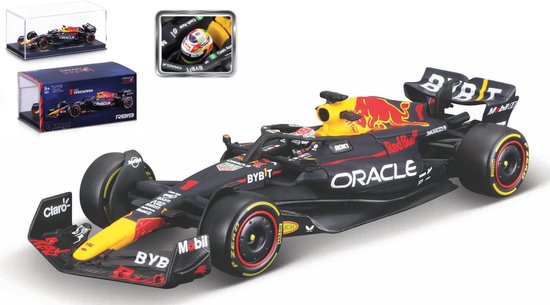 Red Bull Racing RB19 Formule 1 auto, schaal 1:43, met helm. Zwart met rode en gele logo's.