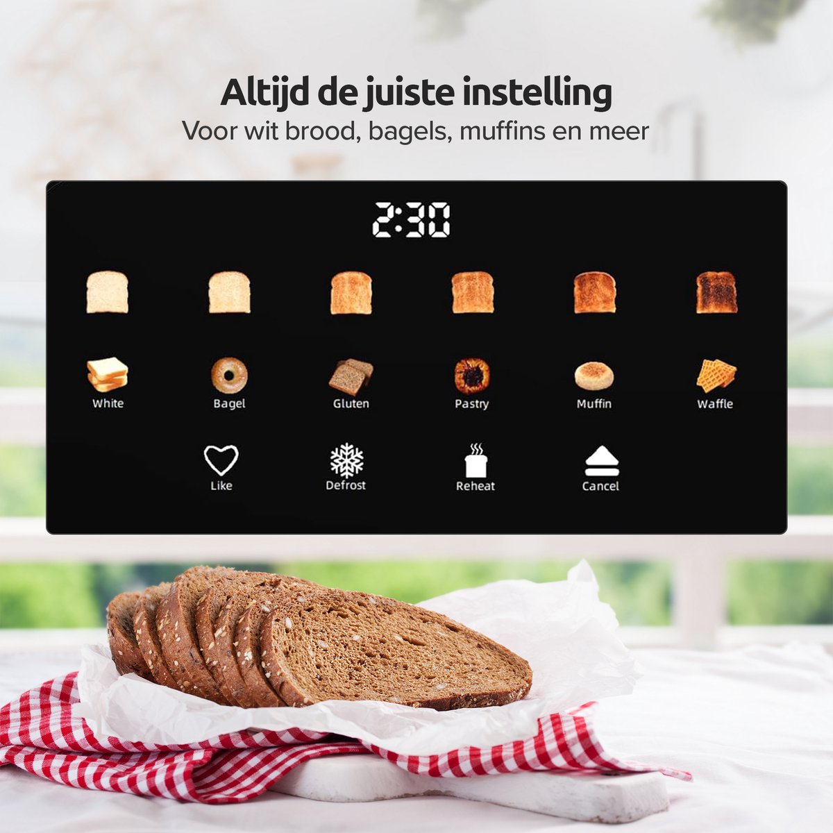 Olvy Broodrooster XL - Lange Sleuven - Timerfunctie - LCD Display - Kruimellade - Toaster - 1500W - Ontdooien & Opwarmen - Beige thumbnail 6