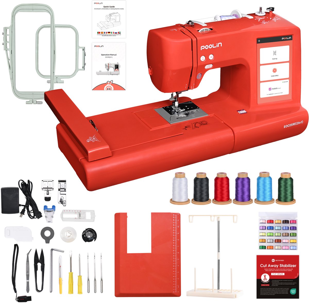 PooLin EOC05 naai en borduurmachine 2-in-1 voor beginners - Rood - Personaliseer textiel - Letters, afbeeldingen en cijfers - Meerdere kleuren - Borduren - Naaien en stikken - Automatisch - Grote volumes