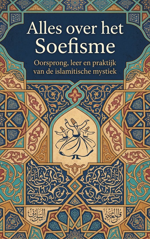 Boek kaft met de titel 'Alles over het Soefisme'. Bevat een afbeelding van dansende soefi's en ingewikkelde islamitische patronen in blauw, goud en rood.
