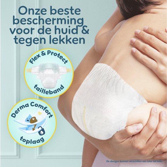 Een baby met Pampers luiers. Tekst "Onze beste bescherming voor de huid & tegen lekken".