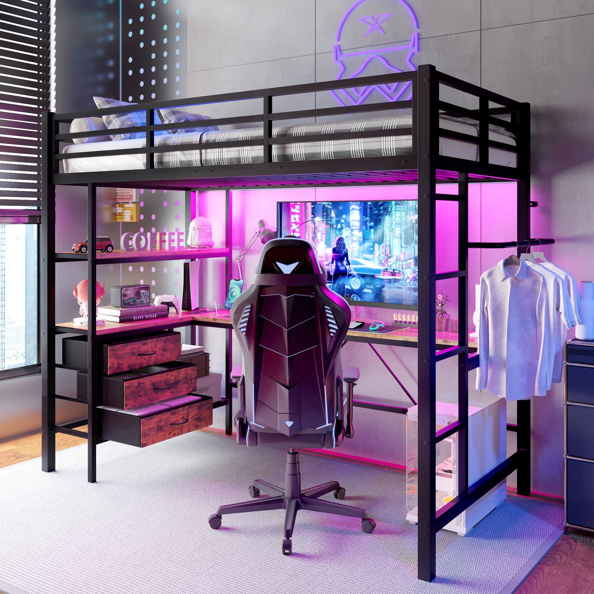 DESMIU Hoogslaper 90 x 200 cm - Bed Met Ledverlichting, Bureau, Stopcontact En Usb - Met 3 Laden En Planken - Voor Jeugdkamer - Metaal En Mdf - Zwart Zonder Matras