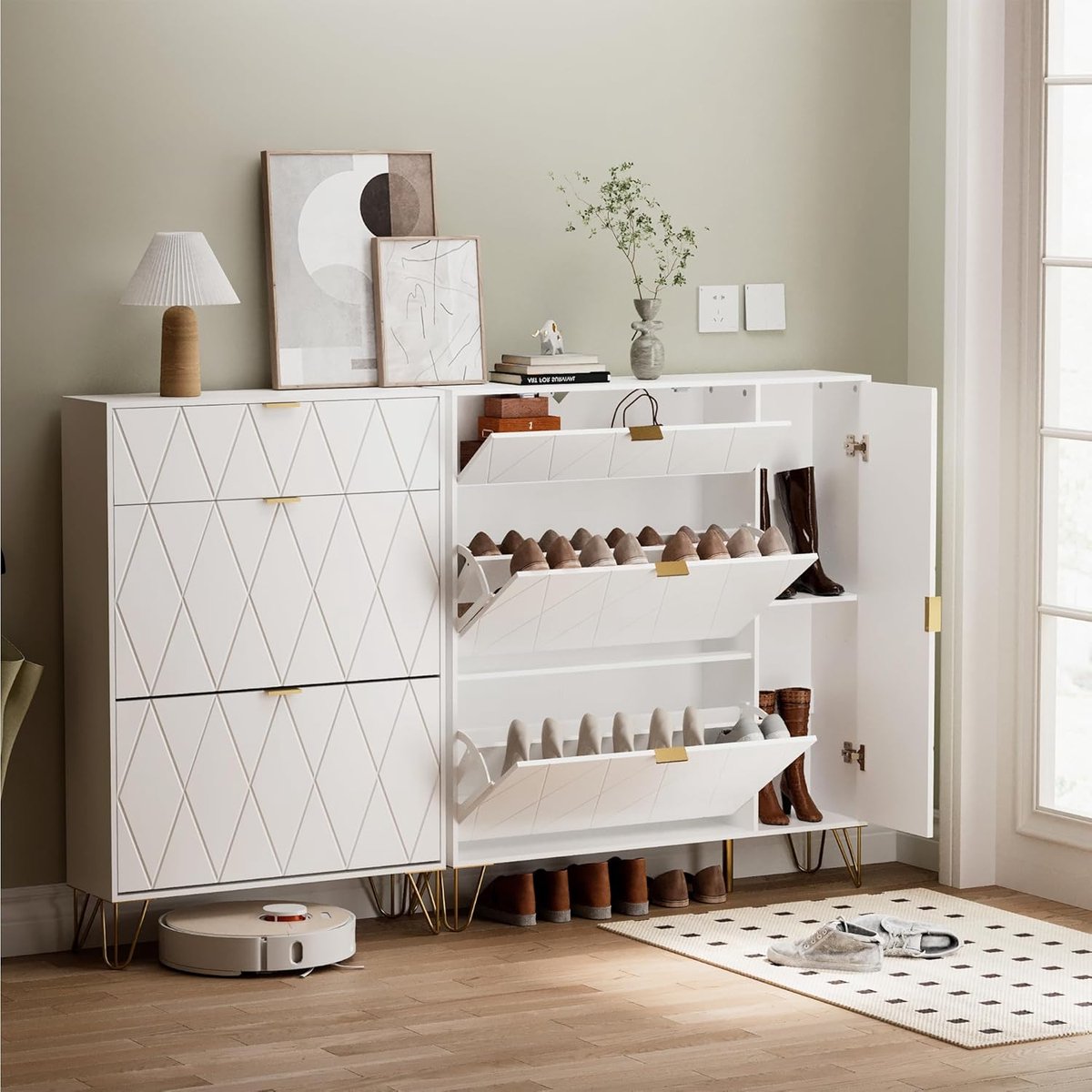 Schoenenkast smal – House&Garden schoenenkast 105 x 24 x 120 cm – wit moderne hal schoenenkast met 2 kleppen en 2 deuren – ruimtebesparende Scandinavische schoenen opbergkast – MDF houten kast met goudkleurige handgrepen