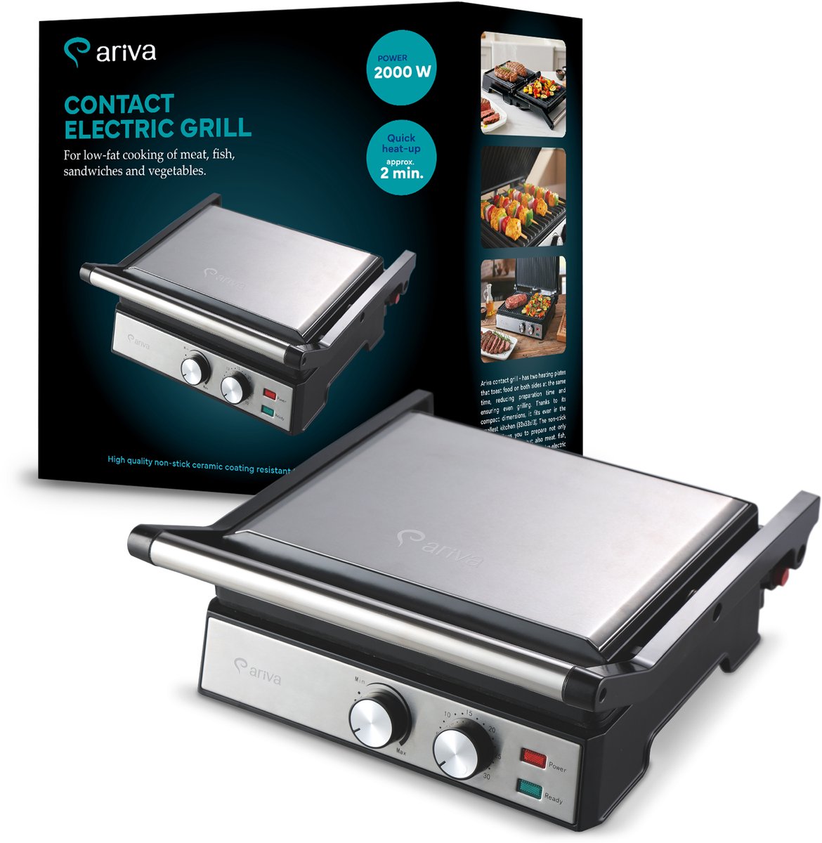 ARIVA-Grill-29x24cm-2 in 1-contact grill-tafel grill-tosti apparaat-Keramische anti-aanbaklaag-Timer-2000W