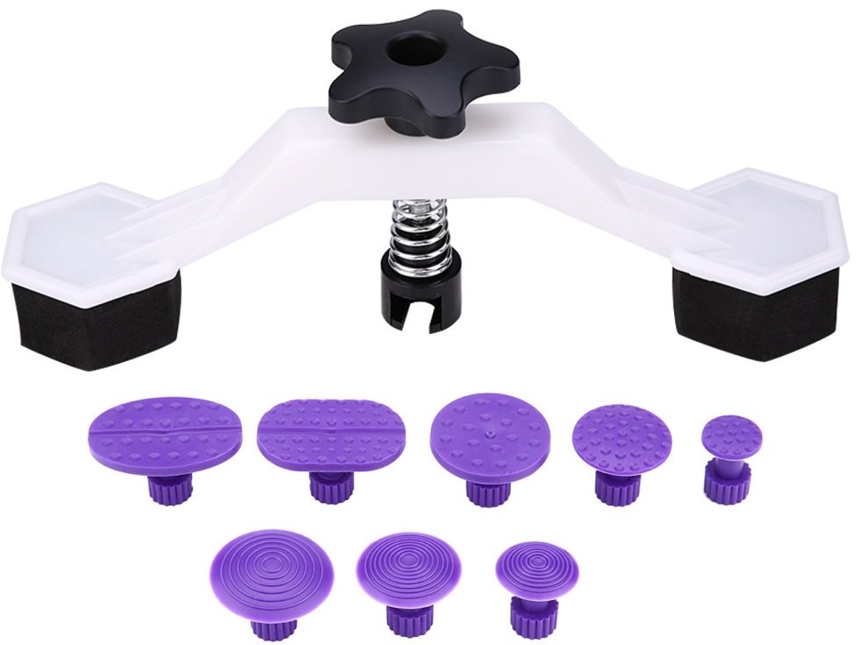 Dailygoods- Brugtrekker lakvrije reparatieset - Deukentrekker Auto - Carrosserie gereedschap - 1 Brugtrekker + 8 Plakstrips - Hoogwaardig metaal - Robuust en betrouwbaar