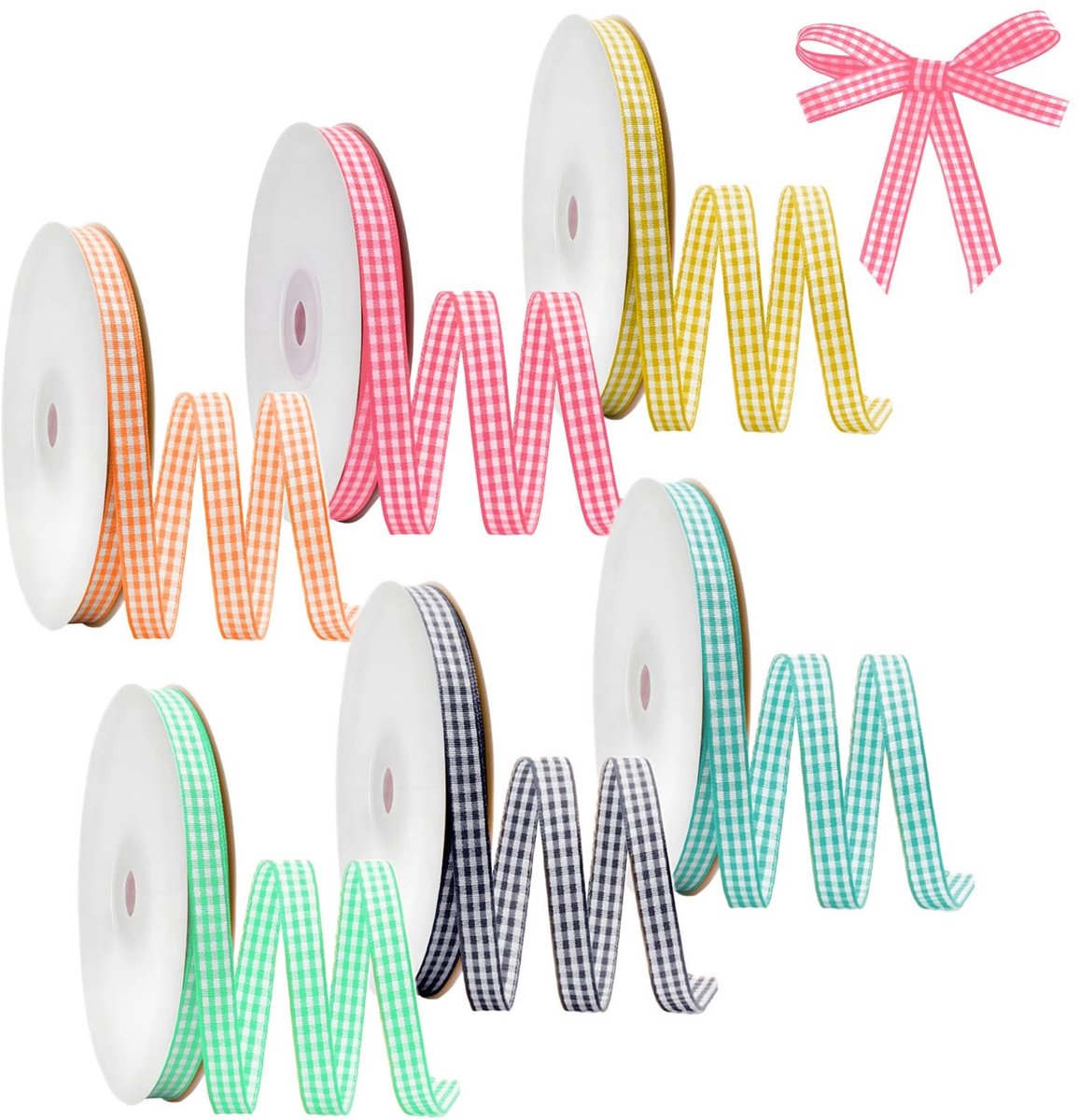 Dailygoods- Cadeaulint Set van 6 Rollen - 10 mm x 9 m - Polyester Satijnen Lint - Geruite Cadeaulinten - Knutseltaarten/Boeketdecoratie - Premium Afwerking - Geschenklint