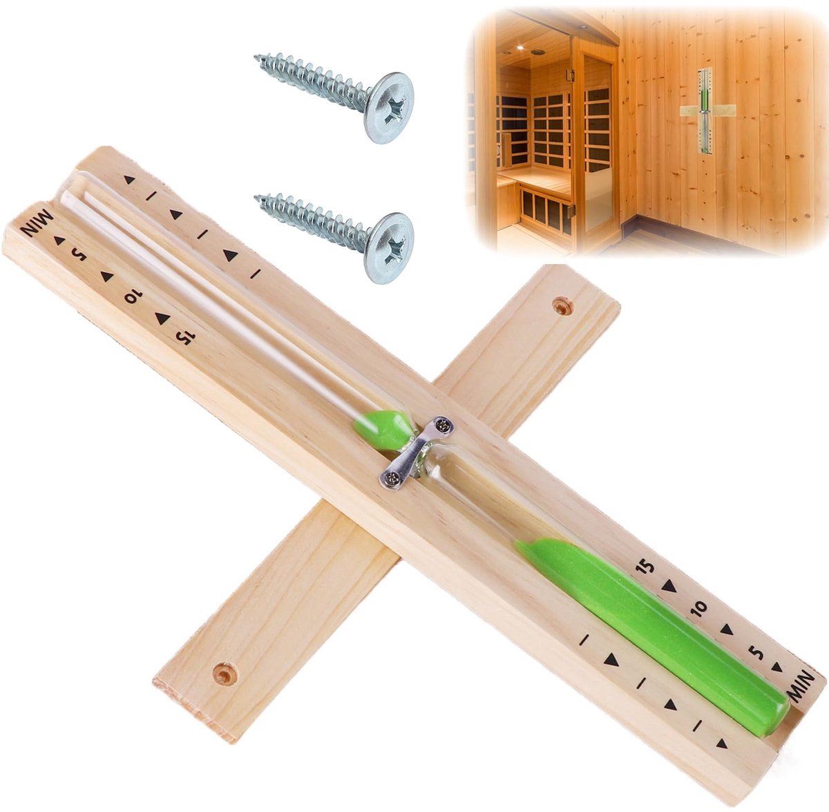 Dailygoods- Zandloper 15 Minuten - Sauna Zandloper - Wandmontage - Hittebestendig Glas - Milieuvriendelijk Hout - Inclusief 2 Roestvrijstalen Schroeven - Tijdmeter