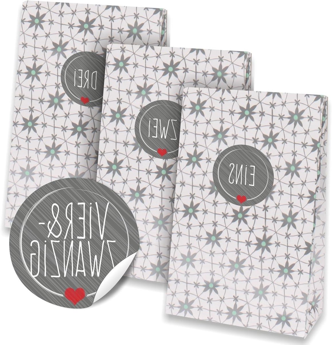 Adventskalender Zakjes - Cadeauzakjes Kerst - Zelf Maken - Blokbodem Stabiel - 24 Stuks - Wit Grijs