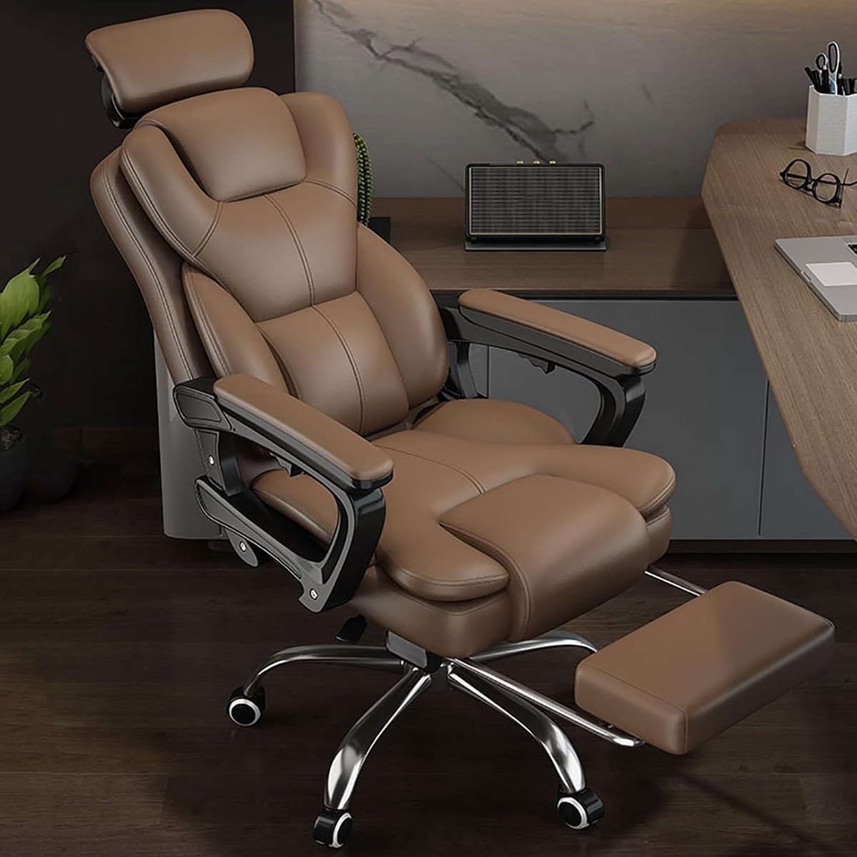 Bureaustoel Ergonomisch Directiestoel Echt Leder – Verstelbare Rugleuning 90°–160° met Voetsteun, Lendensteun & Draaifunctie – Luxe Executive Office Chair Comfort voor Thuis & Kantoor – Mobili Bella