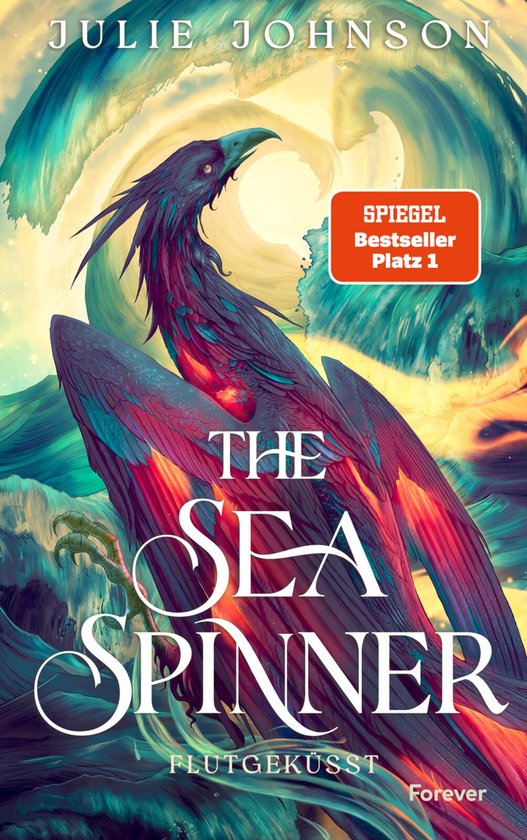Boekomslag van 'The Sea Spinner' met een donkere vogel met rode gloed, omringd door golven. Spiegel Bestseller Platz 1.