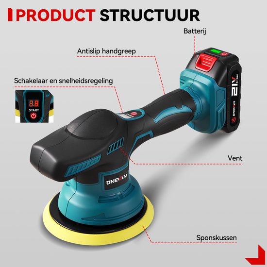Detailtekening van de polijstmachine, met labels voor batterij, antislip handgreep en vent.