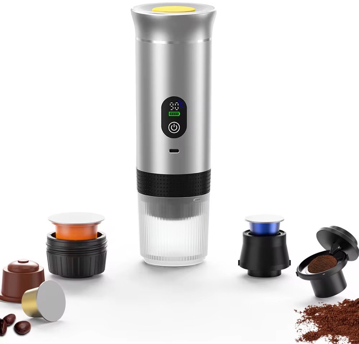 Lordani Draagbaar Koffieapparaat voor Onderweg | Inclusief Tas | 60ml | 12 Volt | Espresso | Nespresso | Dolce Gusto | Capsule Koffie | Gemalen Koffie | Cups | Oplaadbaar | Draagbare Koffiemachine | Grijs | Digitaal