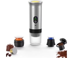 Lordani Draagbaar Koffieapparaat voor Onderweg | Inclusief Tas | 60ml | 12 Volt | Espresso | Nespresso | Dolce Gusto | Capsule Koffie | Gemalen Koffie | Cups | Oplaadbaar | Draagbare Koffiemachine | Grijs | Digitaal
