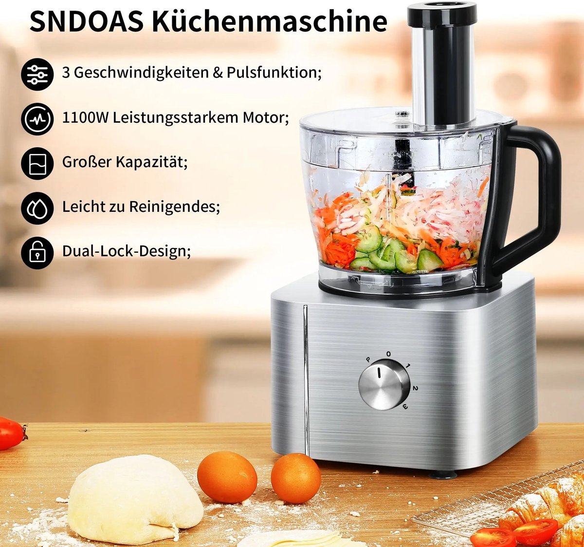 M-Goods - Keukenmachine 11-in-1 - Foodprocessor - Blender - Keukenrobot - 1100W - 3,2L - Zilver – foto 2