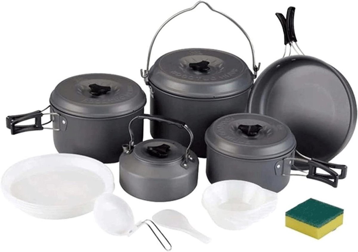 Camping Kookgerei Set - Buiten Kookset - Kamperen en Reizen - Opvouwbaar en Lichtgewicht - 1.2L & 2.0L - Grijs