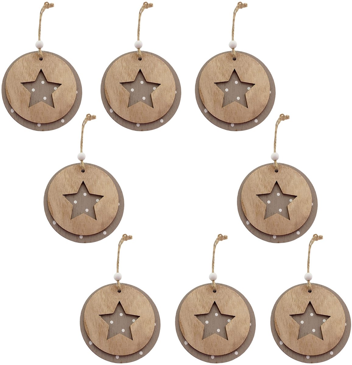 Dailygoods- Kersthangers Set van 8 - Houten Decoratieve Boomversiering - 3D-effect - Ø 9 cm - Jute Koord - Perfect voor Kerstdecoratie