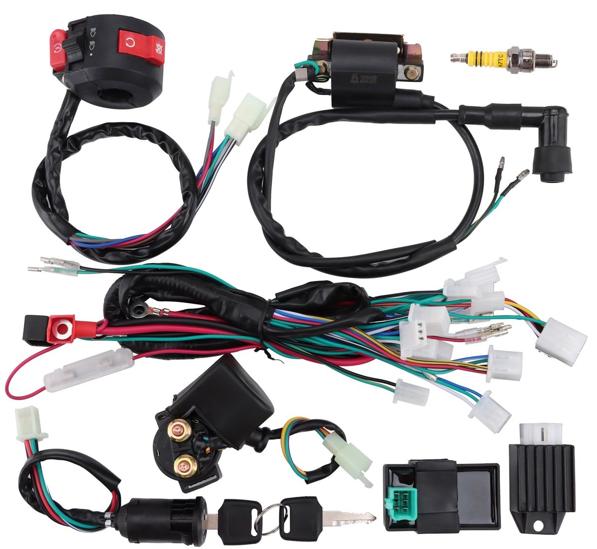 MTTproducts - Complete Electric Wiring Kit - Vervangingsset - Geschikt voor 50cc 125cc - Quad Dirt Bike - Inclusief spark plug en relay