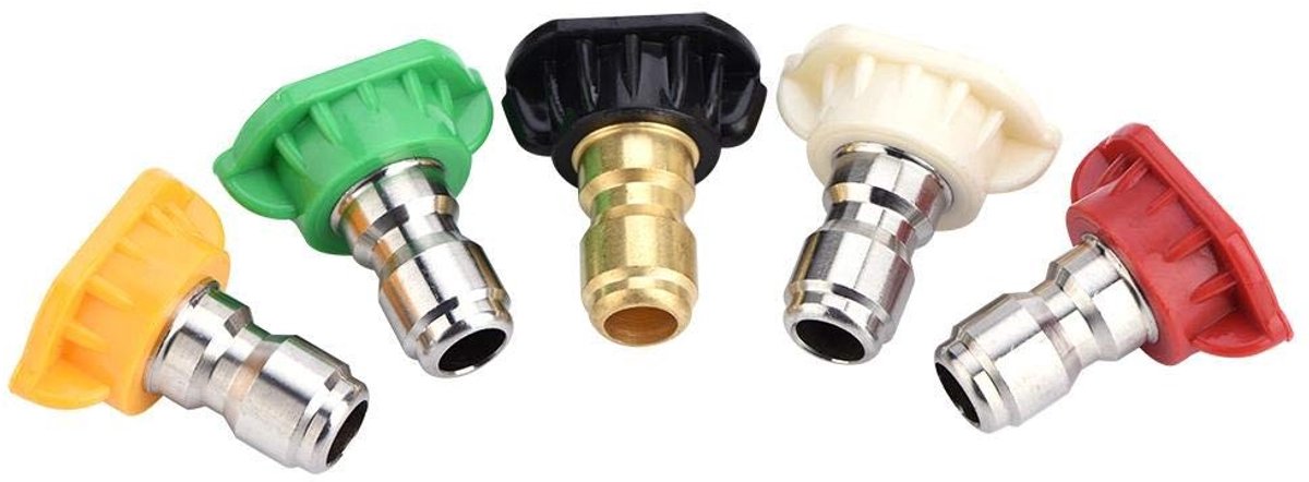 NTH products- Drukwasmachine Nozzles Set 5 Stuks - Roestvrij Staal/Messing - 0/15/25/40/65 Graden - Snelle Verbinding - Tot 4000 PSI - Duurzaam Materiaal - Hogedrukreiniger Mondstukken