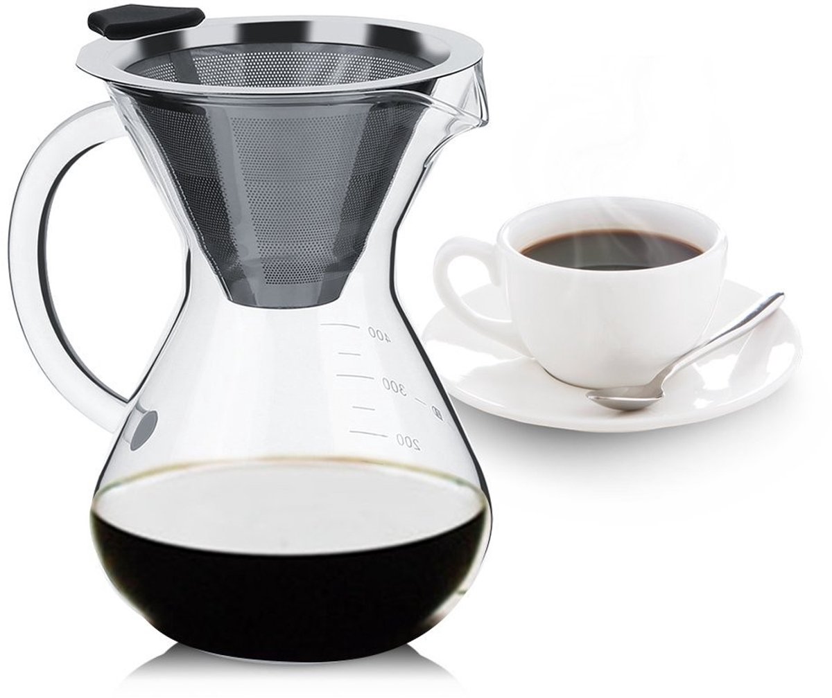 Dailygoods- Koffiezetapparaat 400 ml - Handdruppel Gieten - Koffiepot - Hittebestendig Glas - Permanent Filter - Duurzaam en Gerecycled - Koffiekan