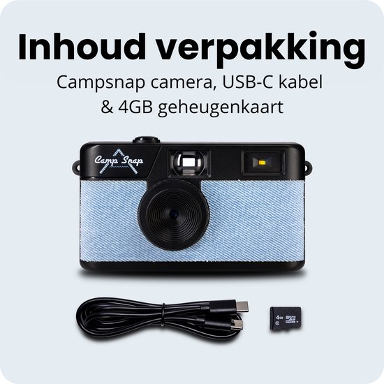 Zwarte Campsnap camera met denim voorpaneel, USB-C kabel en 4GB geheugenkaart.