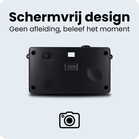 Zwarte Campsnap camera, achterkant met knoppen en een display met '0000'.