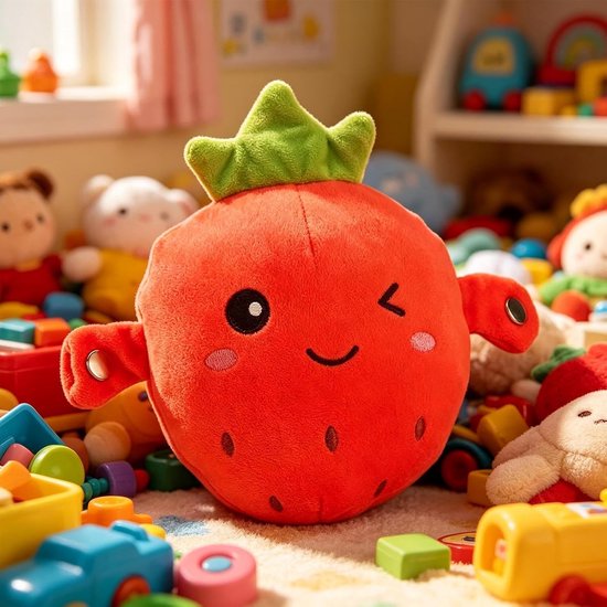 Pluche Aardbei - Knuffelpop Educatief - Sensorische Ontwikkeling - Interactieve Muziek - 23 x 21 x 11 cm - Rood — afbeelding 2