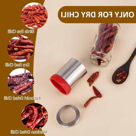 RVS Chili Molen met Glazen Reservoir voor het Snijden van Chili en Kruiden, Perfect voor Keuken en Koken van rvs — afbeelding 4