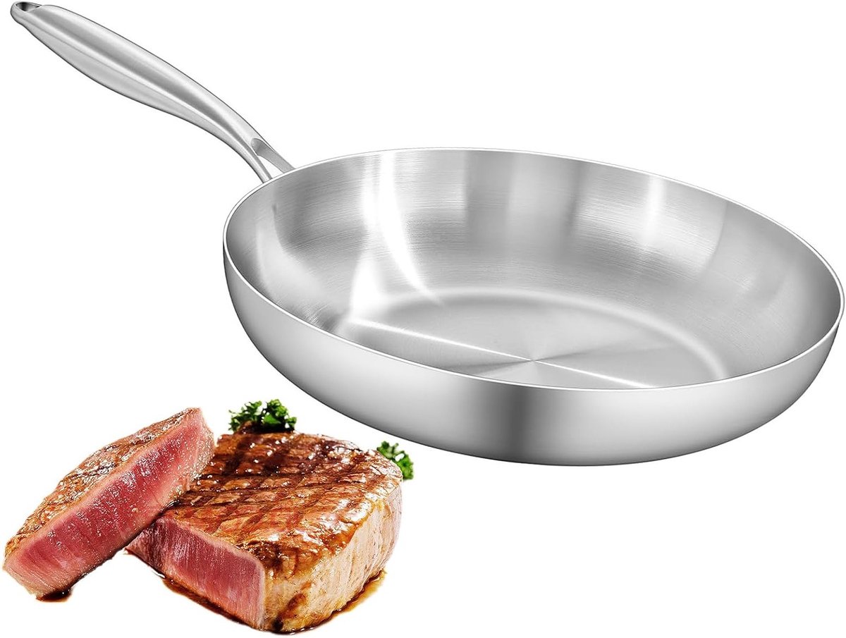 Kookpan van 28 cm van drie-laags roestvrij staal, inductievriendelijk, universele braadpan voor alle soorten kookplaten, oven- en vaatwasmachinebestendig