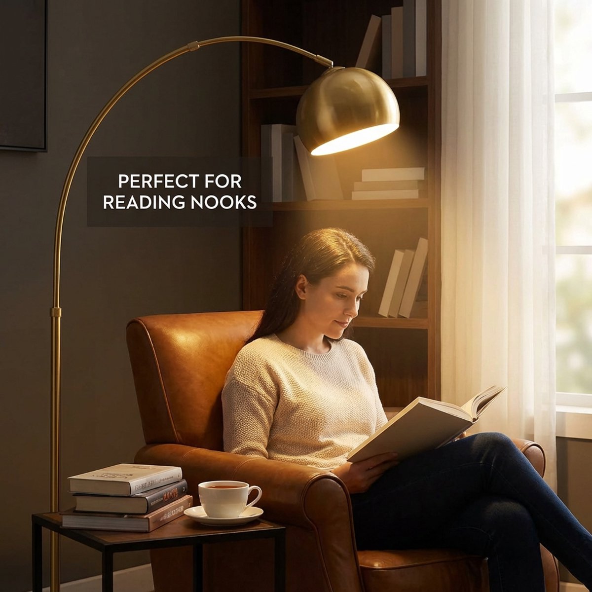 Rosnek Luxe Booglamp - Woonkamer Staande Lamp - Dimbare LED Vloerlamp - Afstandsbediening - Verstelbare Hoogte 150-175 cm - 360° Draaibare Lampenkap - Marmeren Voet - Leeslamp voor Slaapkamer en Kantoor - Goud thumbnail 2