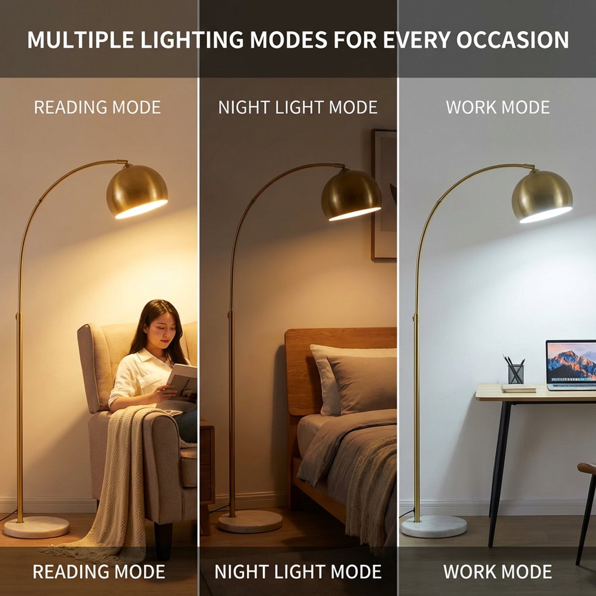 Rosnek Luxe Booglamp - Woonkamer Staande Lamp - Dimbare LED Vloerlamp - Afstandsbediening - Verstelbare Hoogte 150-175 cm - 360° Draaibare Lampenkap - Marmeren Voet - Leeslamp voor Slaapkamer en Kantoor - Goud thumbnail 4