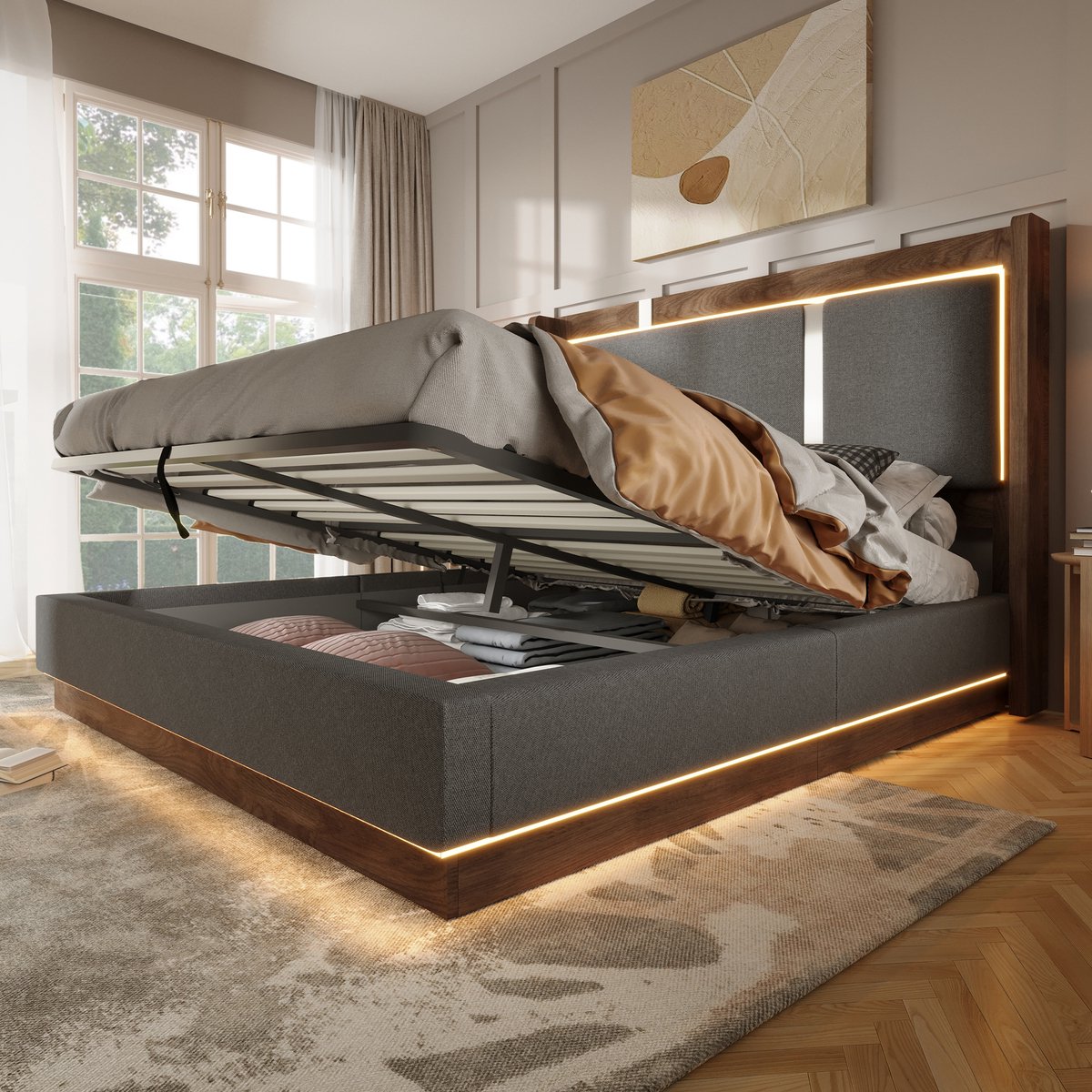 OKWISH Gestoffeerd Bed 140x200 cm - Met Ledverlichting En Hydraulische Opbergruimte - Retro Linnen Hout - Zonder Matras