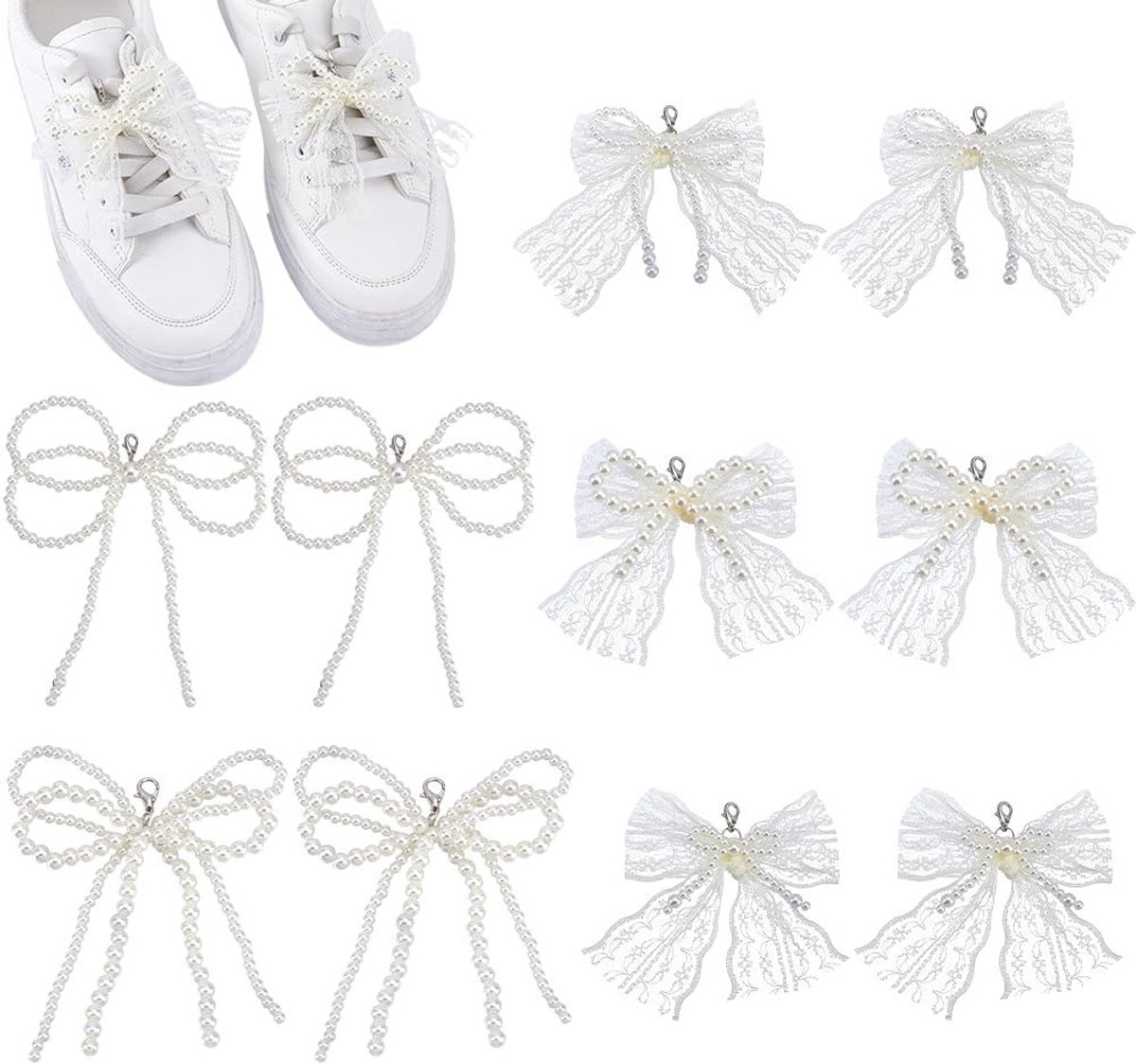 10 Stuks 5 Stijlen Strik Schoen Charms met Parels en Kanten Knoop - Schattige Schoenclips en Vetersieraden voor Sneakers, Bruiloft en DIY Creaties, Kunststof
