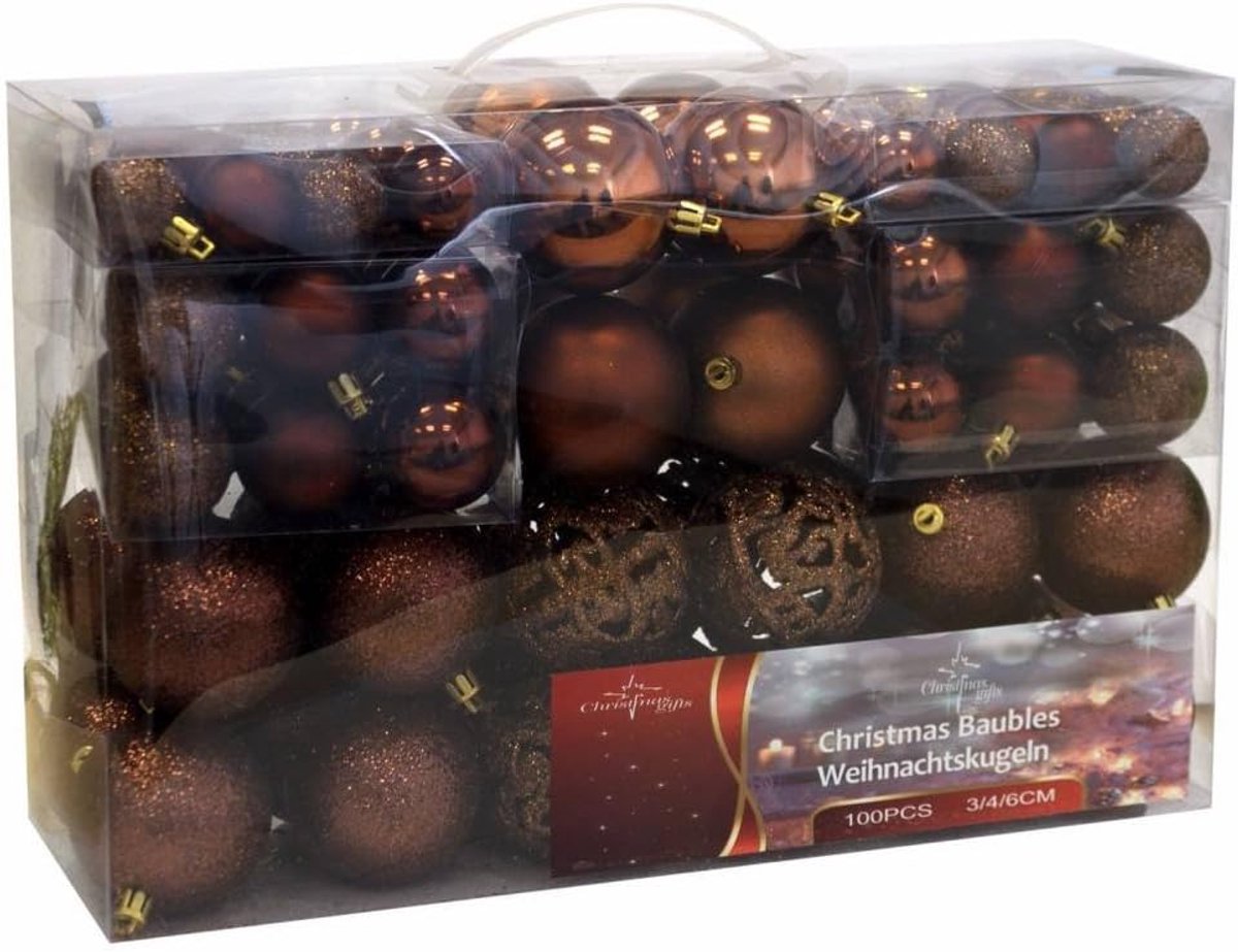 Kerstballen Set - Kunststof Ballen - Kerstboom Versieren - 3 Maten - 100 stuks - Bruin – foto 7