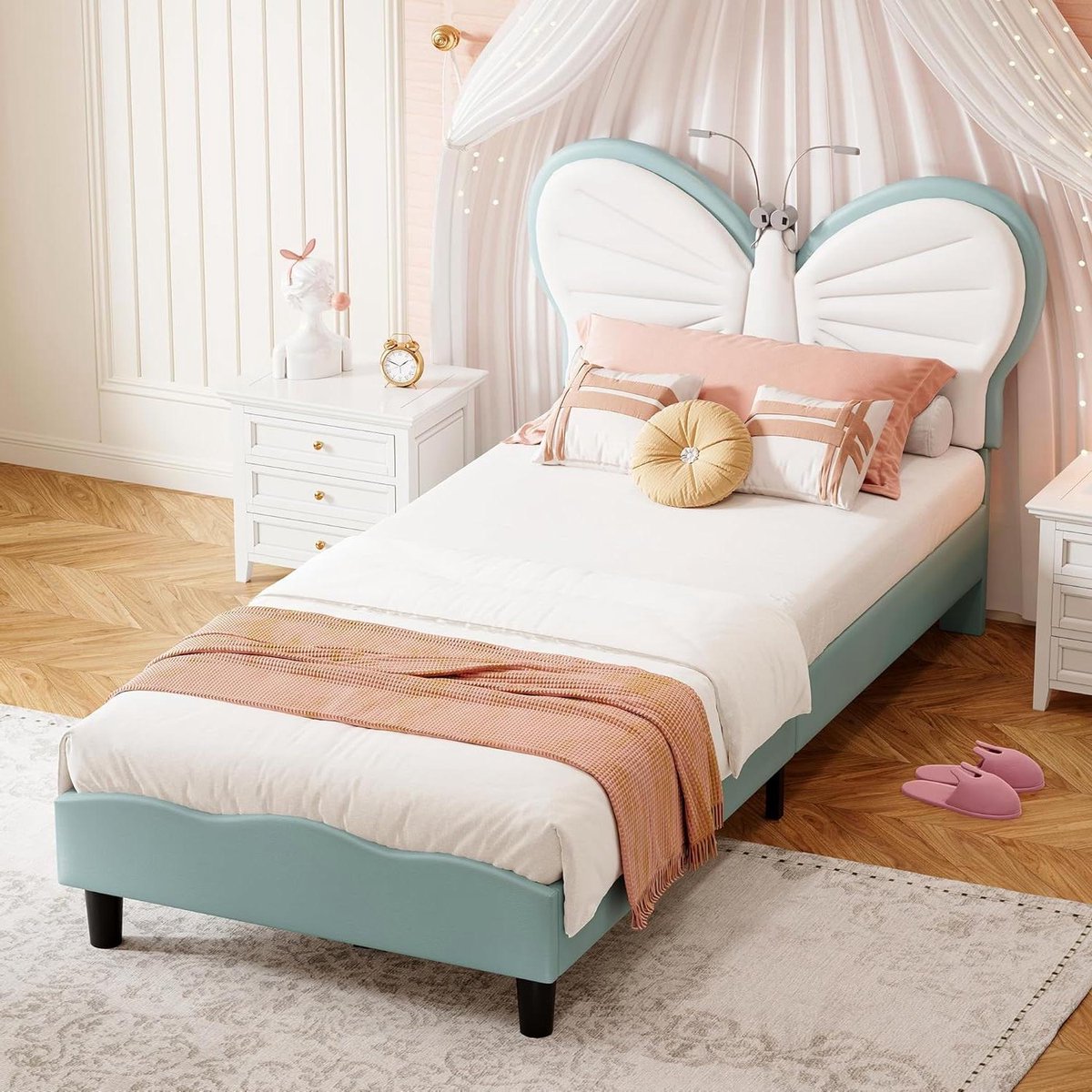 Kinderbed Gewatteerd - Meisjesbed Prinsessenbed - Slaapkamer Inrichten - Vlinderhoofdeinde met LED - 90 x 200 cm - Blauw
