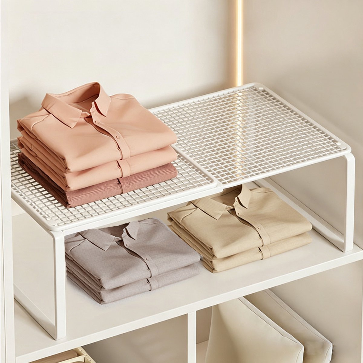 Uitschuifbare metalen draadplank organizer - Verstelbaar in lengte van 38-62 cm - Stapelbaar opbergrek voor kledingkast/keuken/voorraadkast/badkamer/schoenenkast/gereedschapskast - Wit