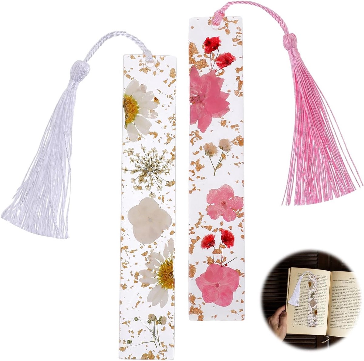 Handgemaakte bloemen boekenleggers met kleurrijke zijde tassels - Duurzame transparante hars pagina markers, perfect als cadeau voor vrouwen en meisjes, set van 2 stuks