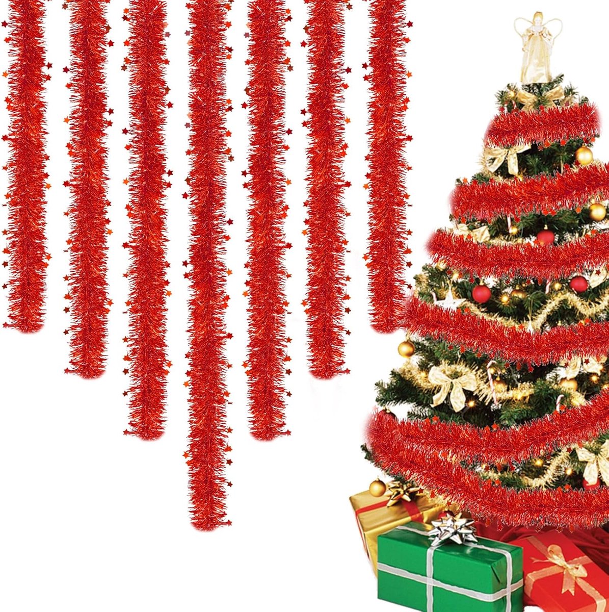 Kerstslinger van klatergoud - 8 stuks x 2 m - in totaal 16 m - goud met sterrendecoratie - dennenslinger voor kerstboom - decoratie binnen en buiten - rood