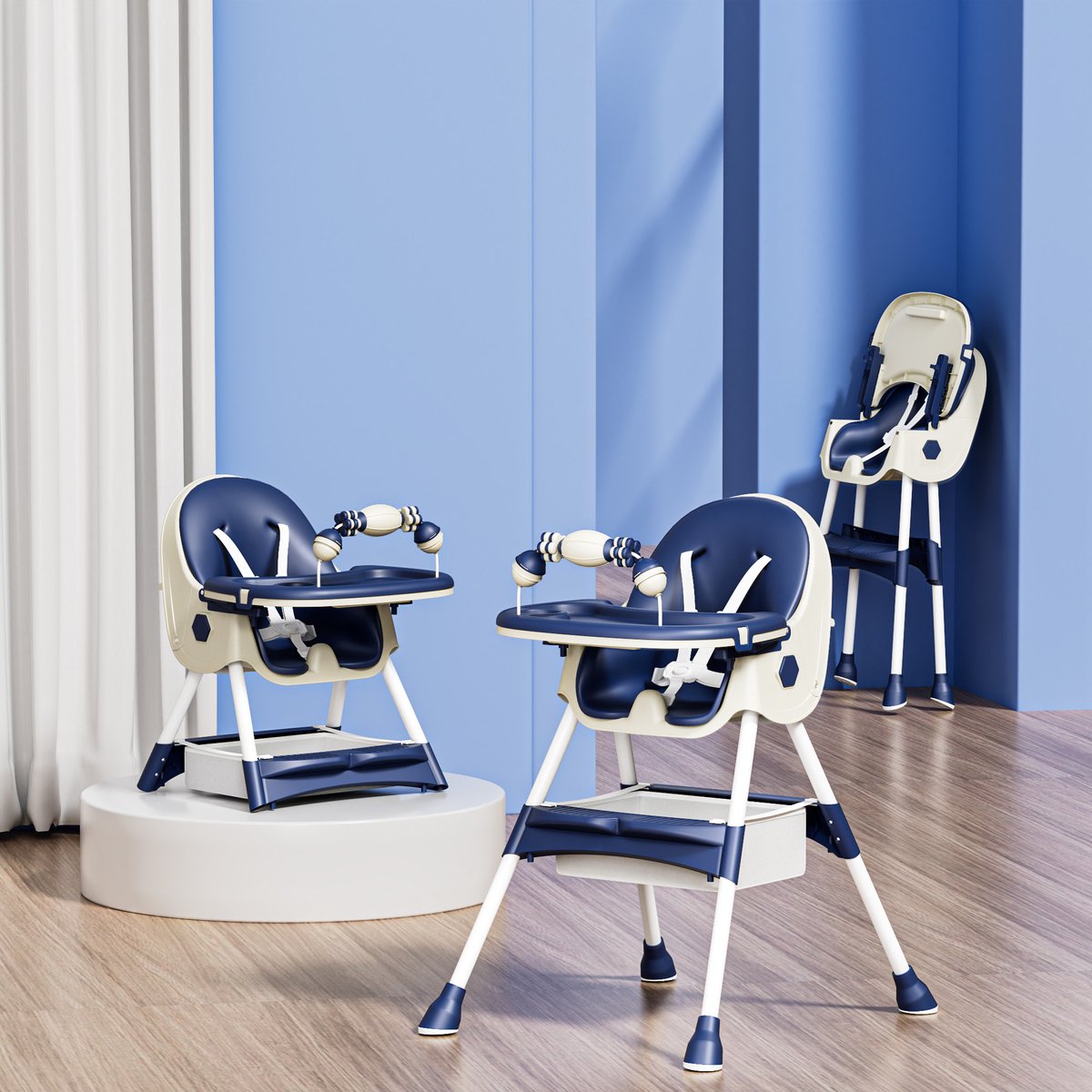 Kinderstoel Baby Inklapbaar & Verstelbaar – Hoge Stoel met Dubbel Afneembaar Dienblad, 5-Punts Veiligheidsgordel, Wielen met Rem & Opbergtas – Navy Blauw