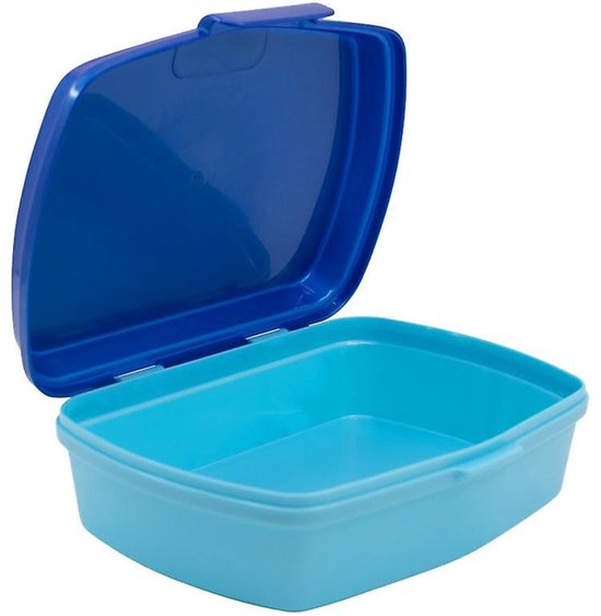 Boîte à lunch bleue avec couvercle ouvert, en plastique.