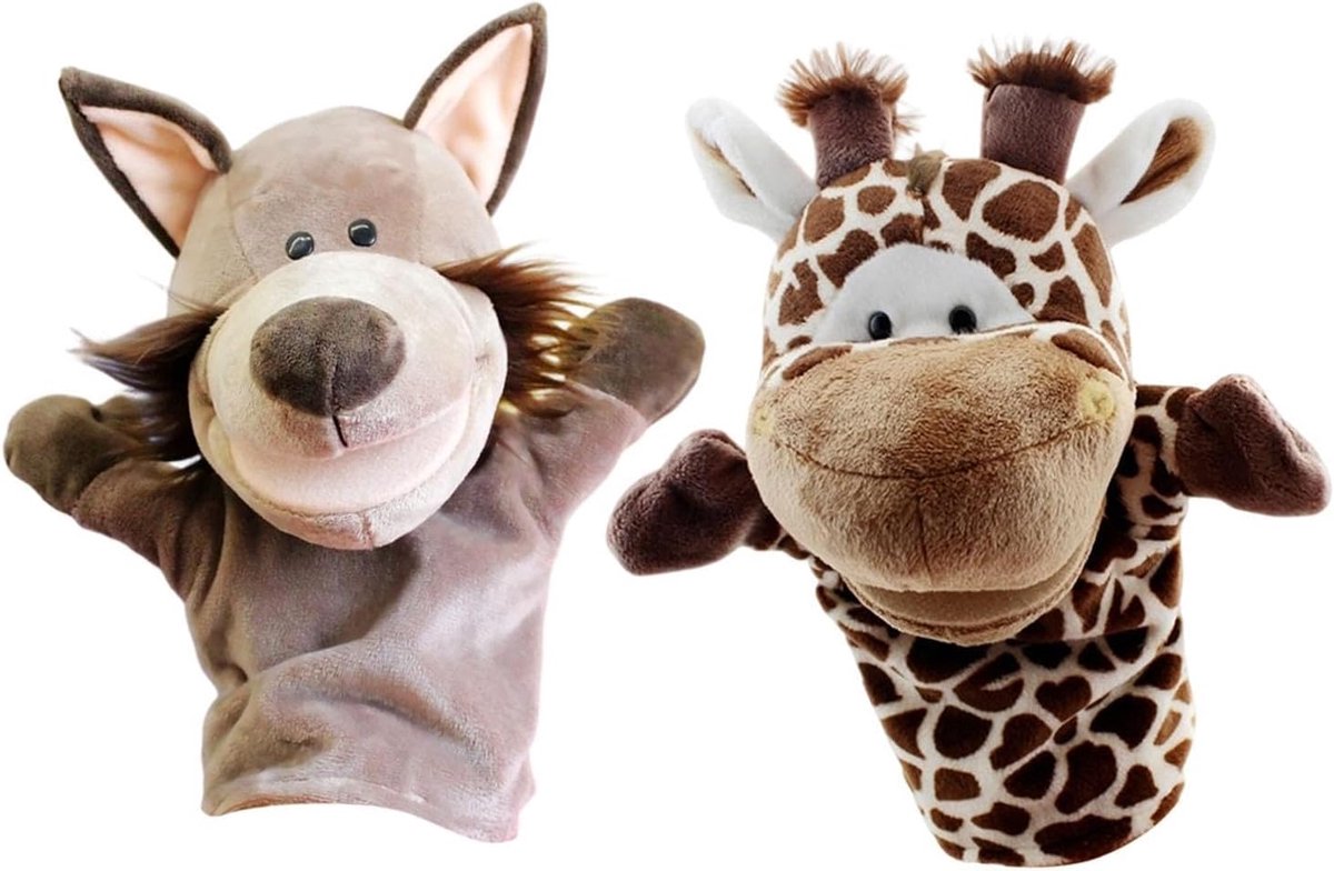 JeiibrZui Dierenhandpoppen Set - 24 Cm - 2 Stuks Pluche Poppen - Giraf En Vos Voor Rollenspel