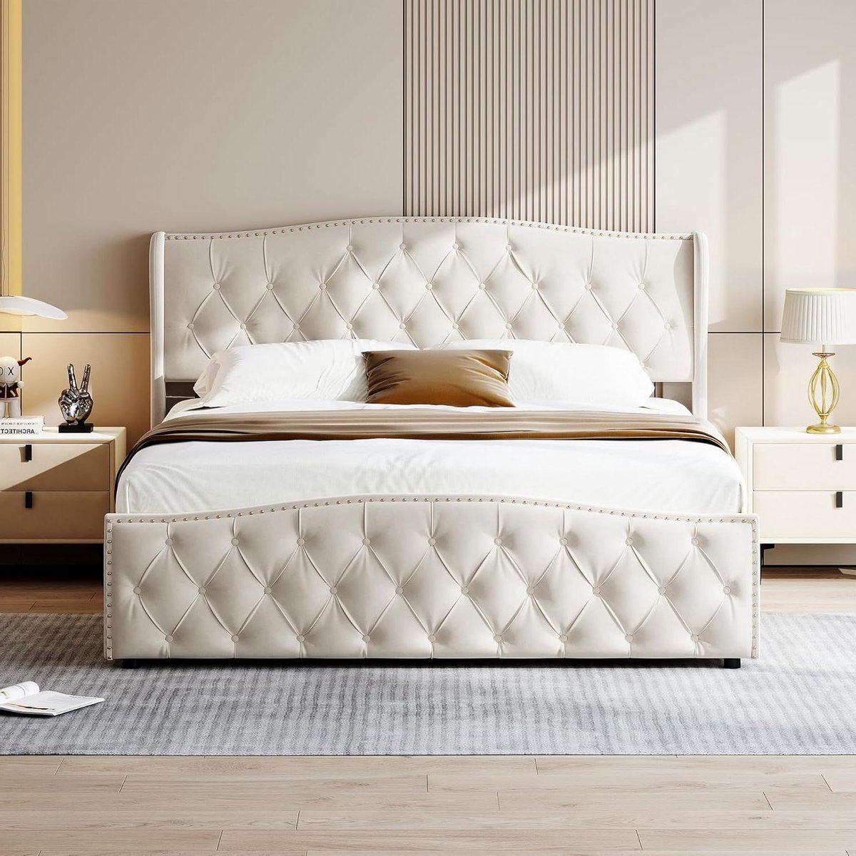 Gestoffeerd Bed - Lagerbed Frame - Comfortabel Slapen - Hoogte Hoofdeinde - 140x200 cm - Beige